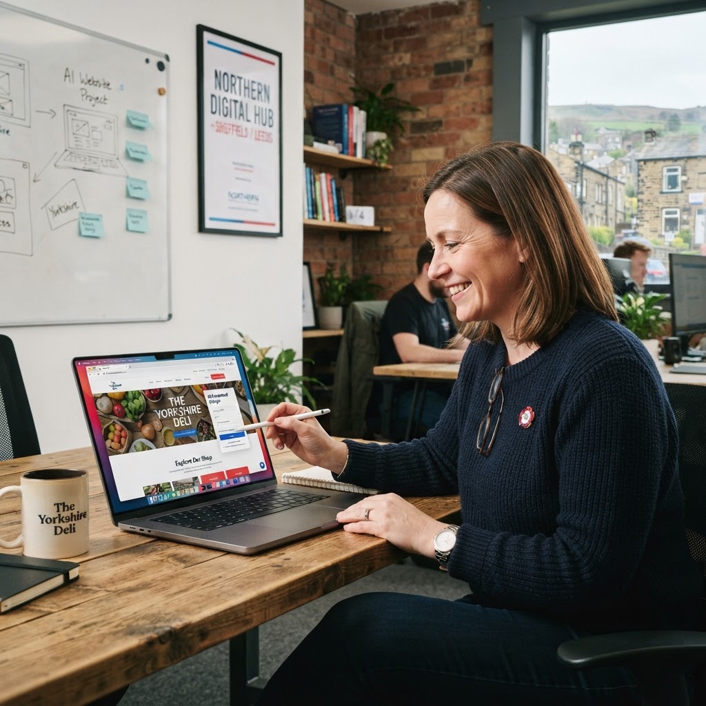 Small business owner in Yorkshire reviewing AI-generated website design on a laptop