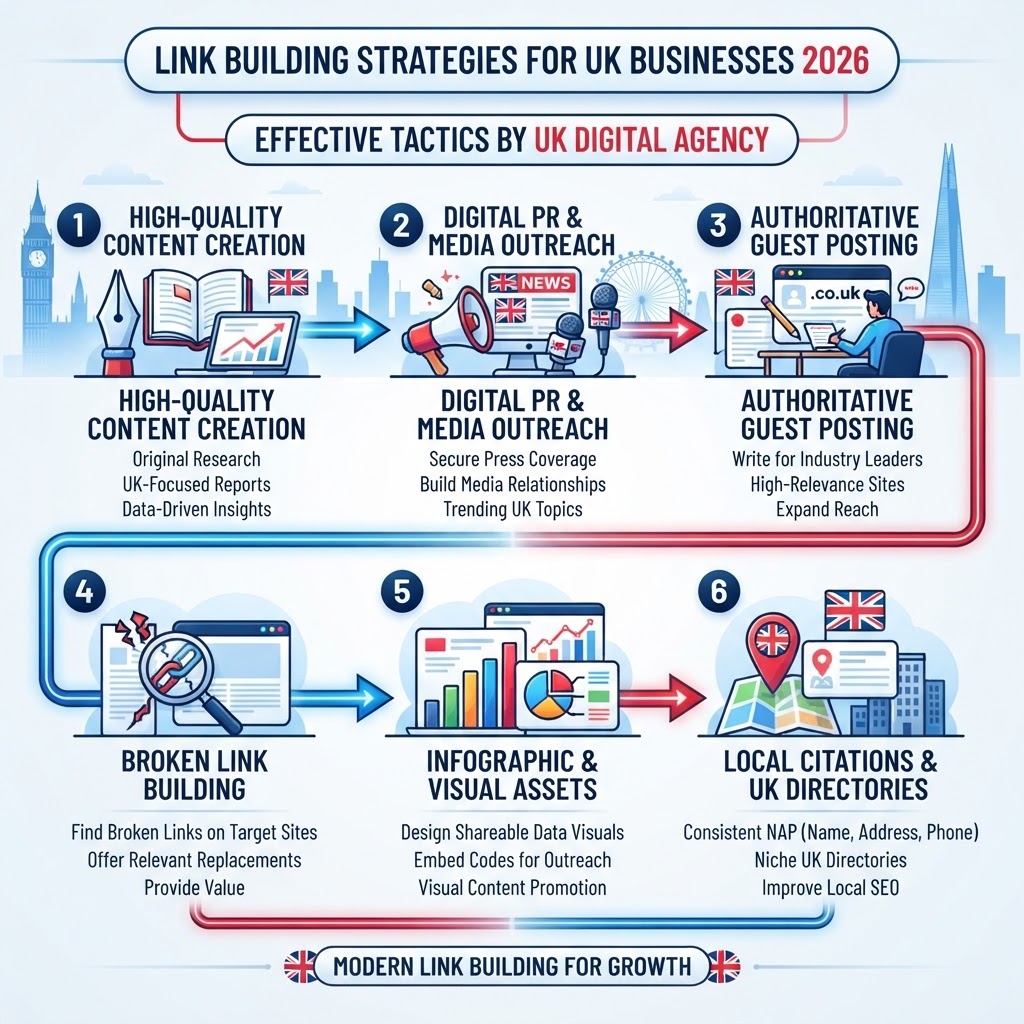 Infographic showing effective link building strategies for UK businesses in 2026
