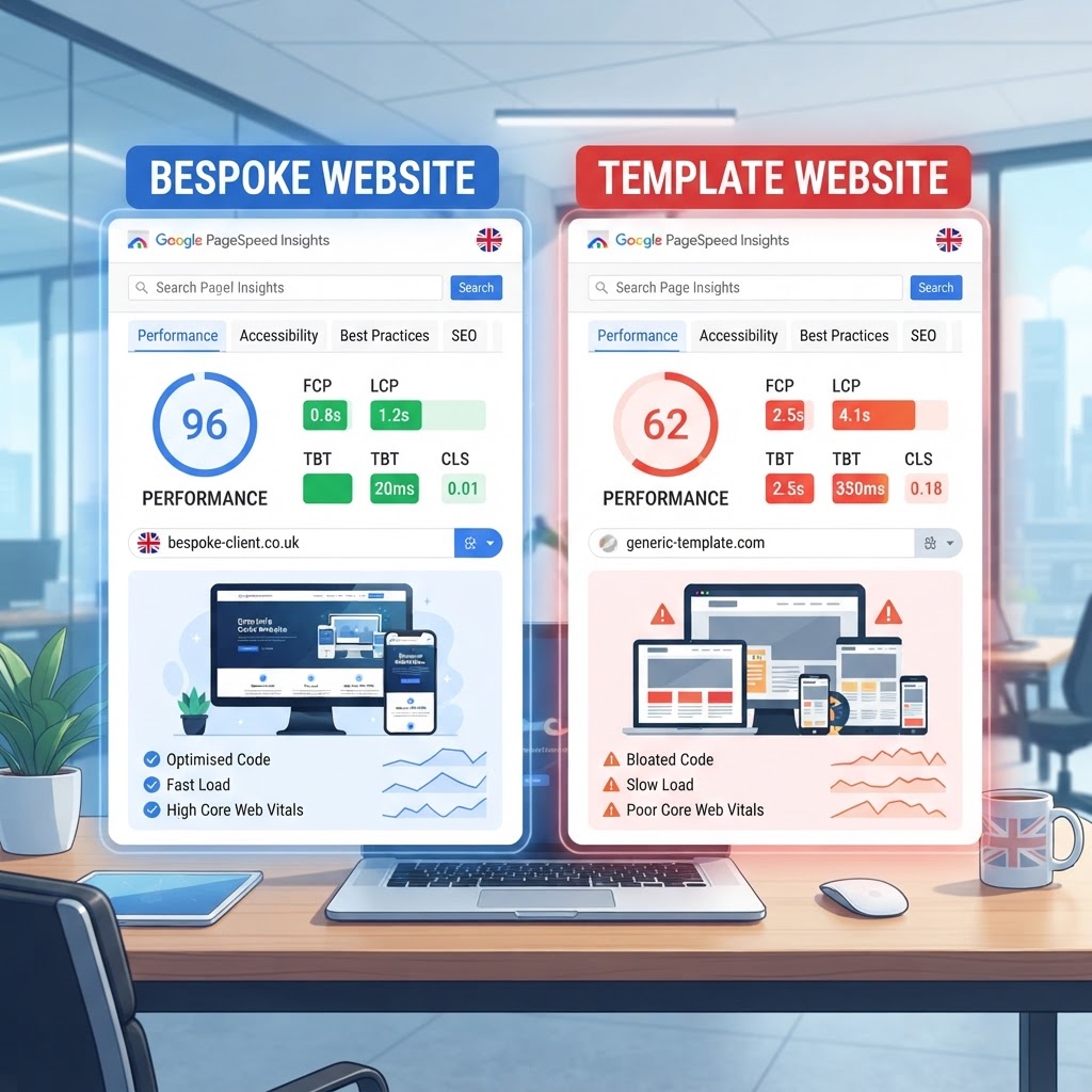 Comparison of bespoke website performance metrics versus a template website in Google PageSpeed Insights
