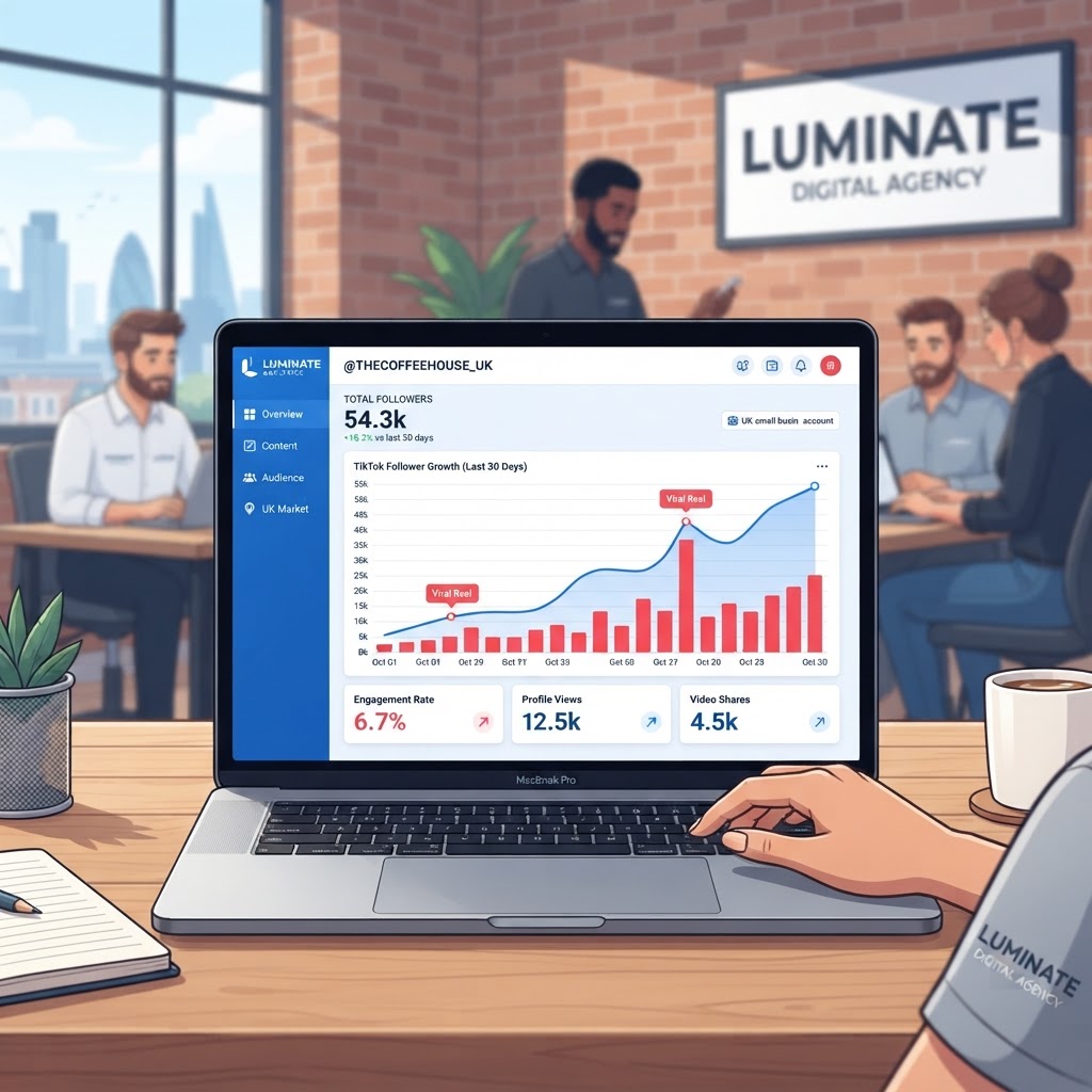 Analytics dashboard showing TikTok follower growth for a UK small business account