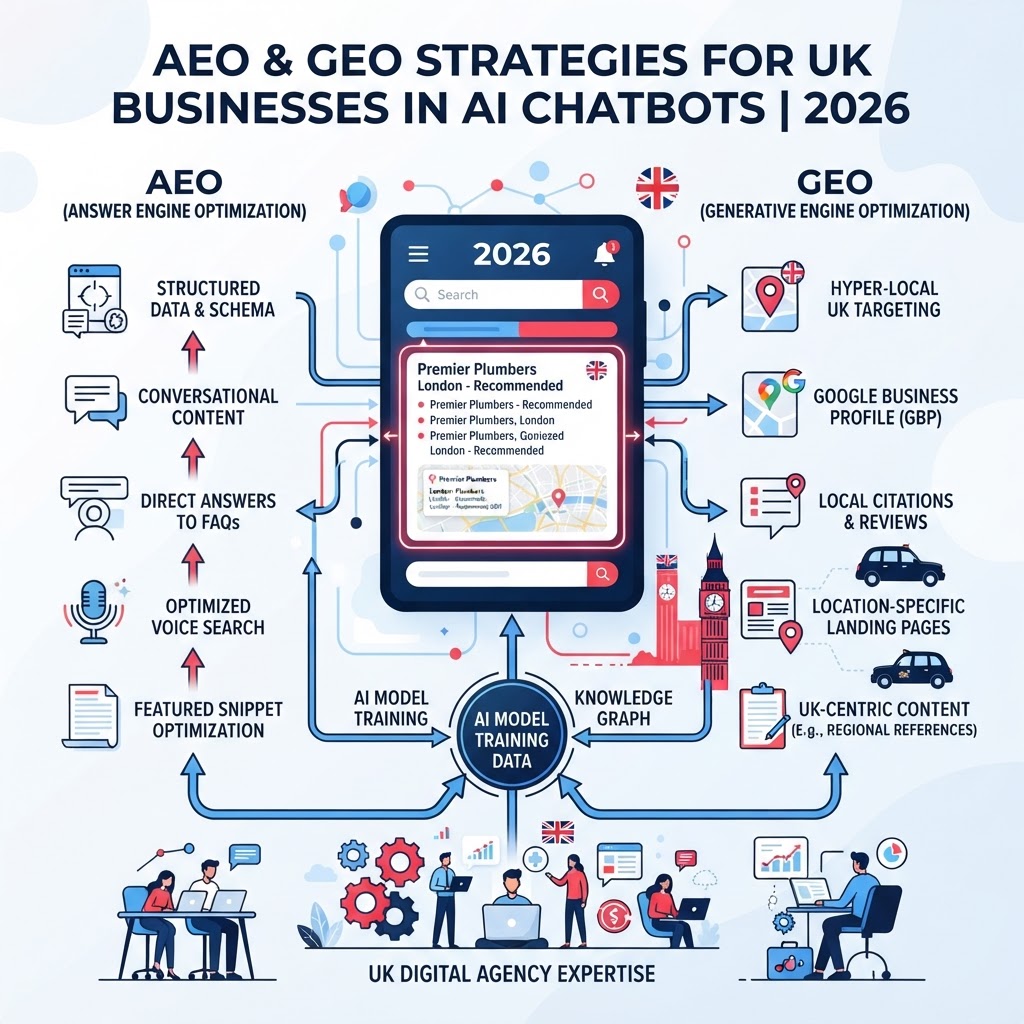 Diagram showing how AEO and GEO strategies help UK businesses rank in AI chatbot responses in 2026