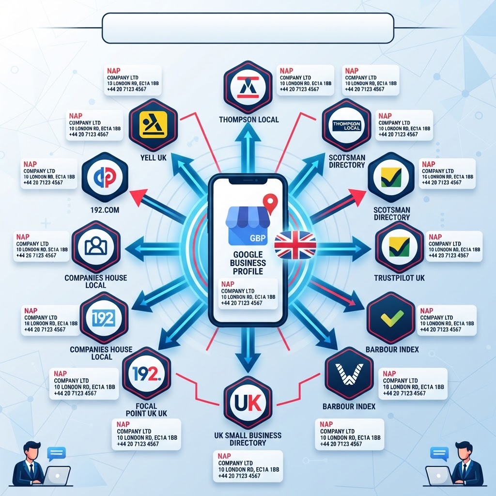 Diagram showing NAP consistency across UK local business directories and Google Business Profile
