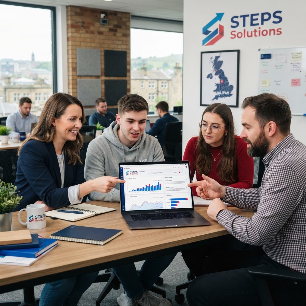 STEPS Solutions Halifax team reviewing SEO analytics and AI Overview data on a laptop in a Yorkshire office