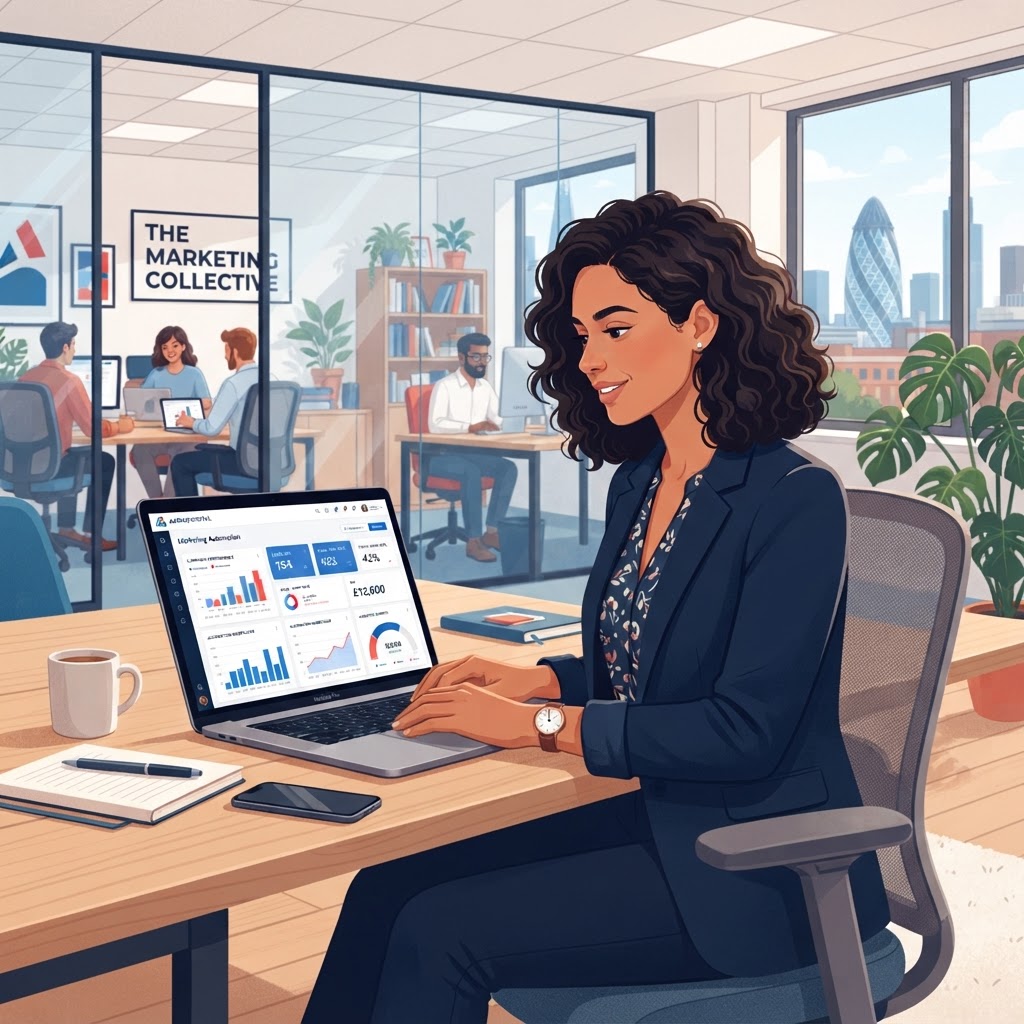 A UK small business owner reviewing marketing automation dashboard on a laptop in a modern office
