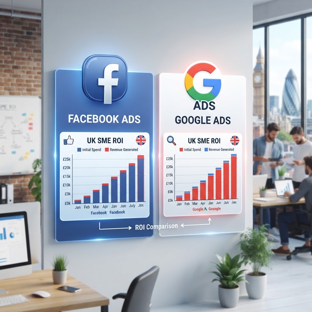 Comparison graphic showing Facebook Ads and Google Ads logos side by side with ROI chart for UK SMEs