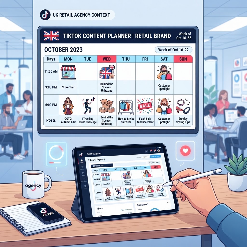Small business TikTok content calendar showing planned posts for a UK retail brand