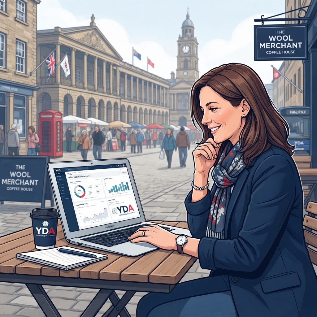 Yorkshire business owner reviewing local SEO strategy on laptop in Halifax town centre