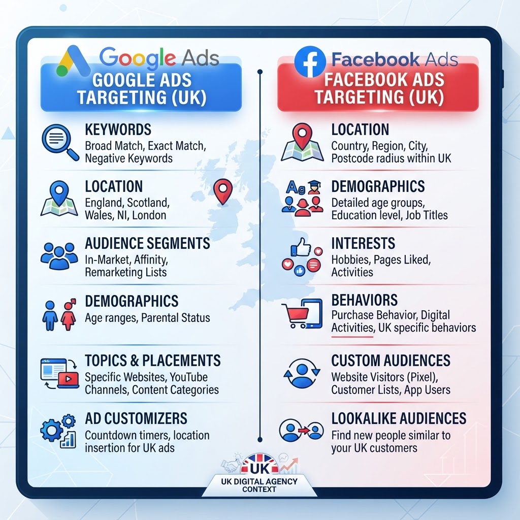 Infographic showing Google Ads and Facebook Ads targeting options side by side for UK digital marketing campaigns
