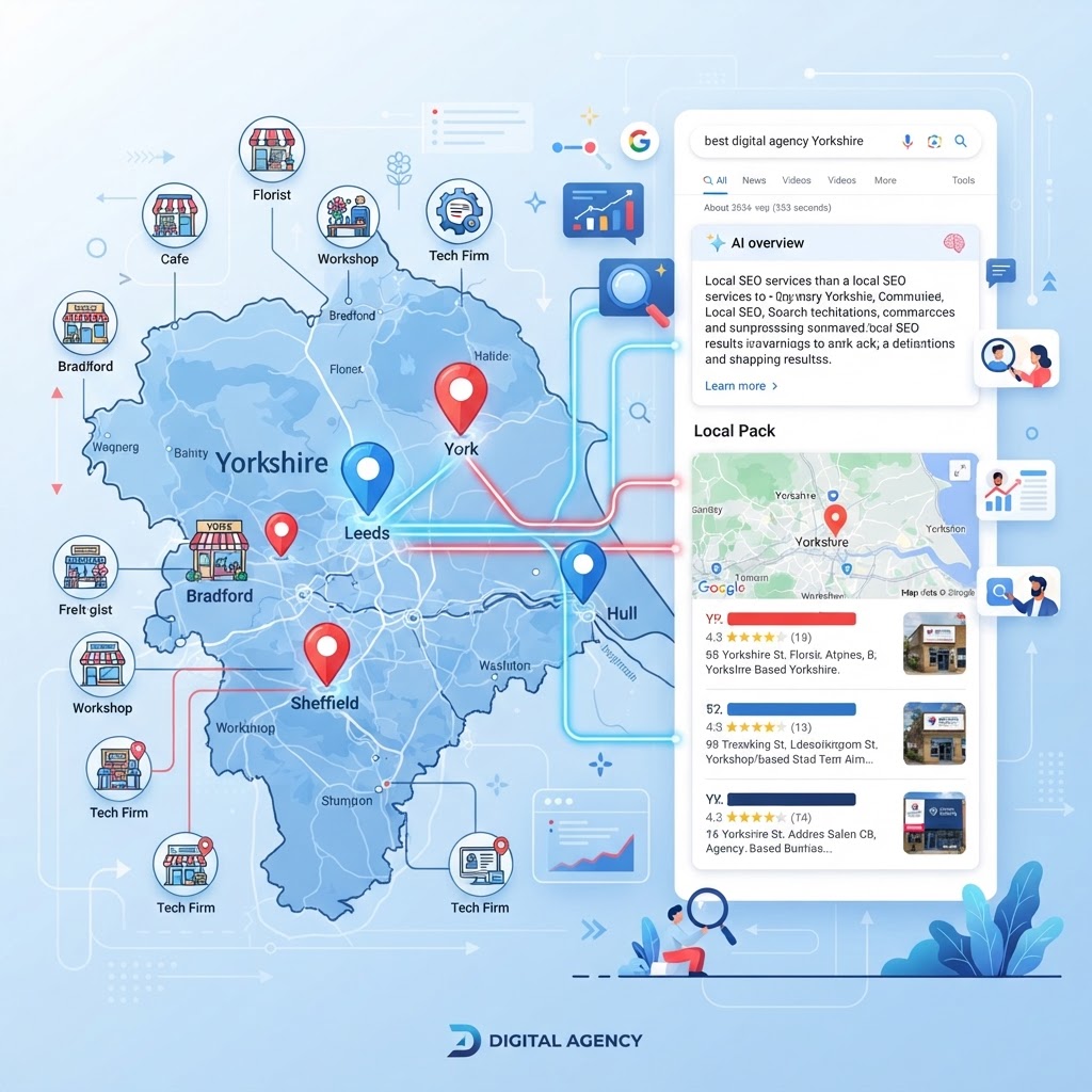 Local SEO map showing Yorkshire businesses ranking in AI-enhanced Google search results