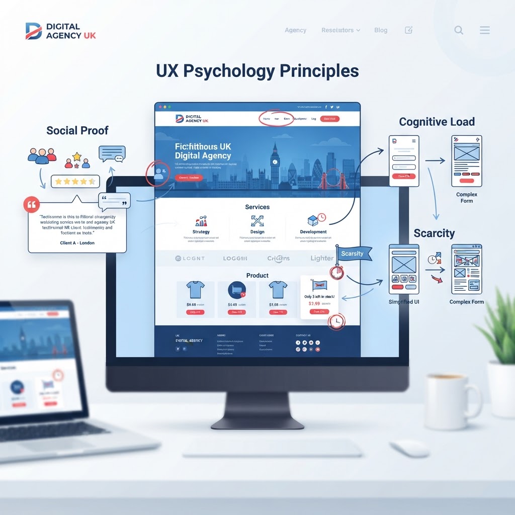 Diagram illustrating UX psychology principles including social proof, scarcity, and cognitive load on a website layout