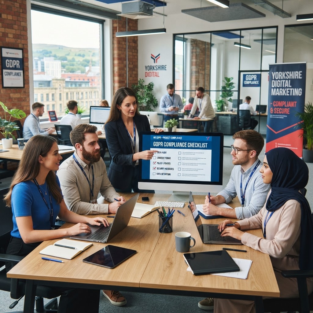 Digital marketing team in a Yorkshire office reviewing GDPR compliance checklist