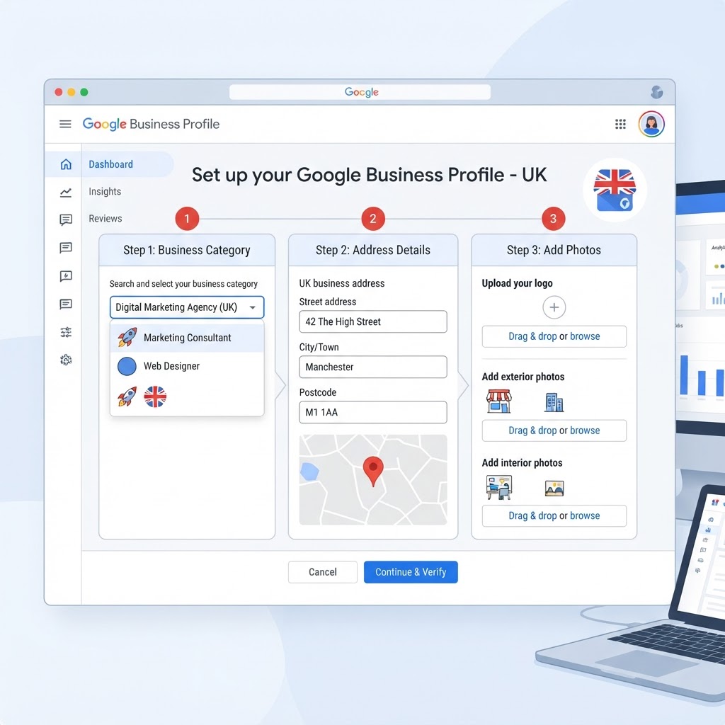 Step-by-step Google Business Profile setup screen showing business category selection, address entry, and photo upload sections for a UK business