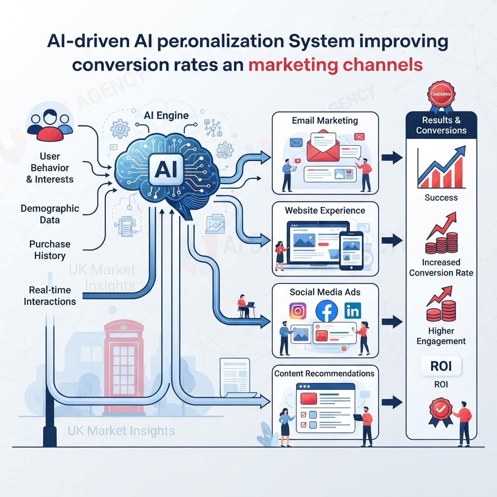 Diagram showing AI-driven personalisation improving conversion rates across digital marketing channels