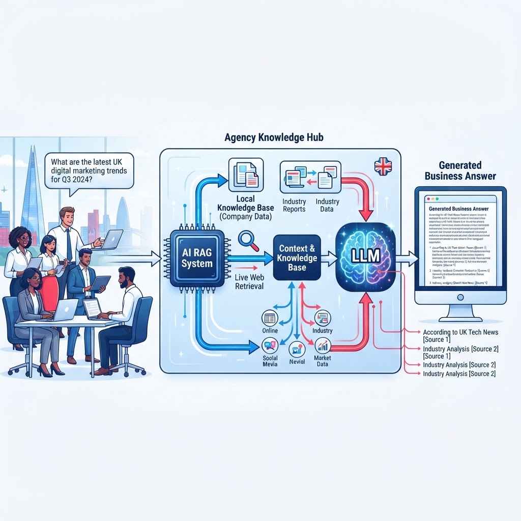 Diagram illustrating how Retrieval-Augmented Generation (RAG) works, showing an AI model pulling live web content to generate a cited business answer
