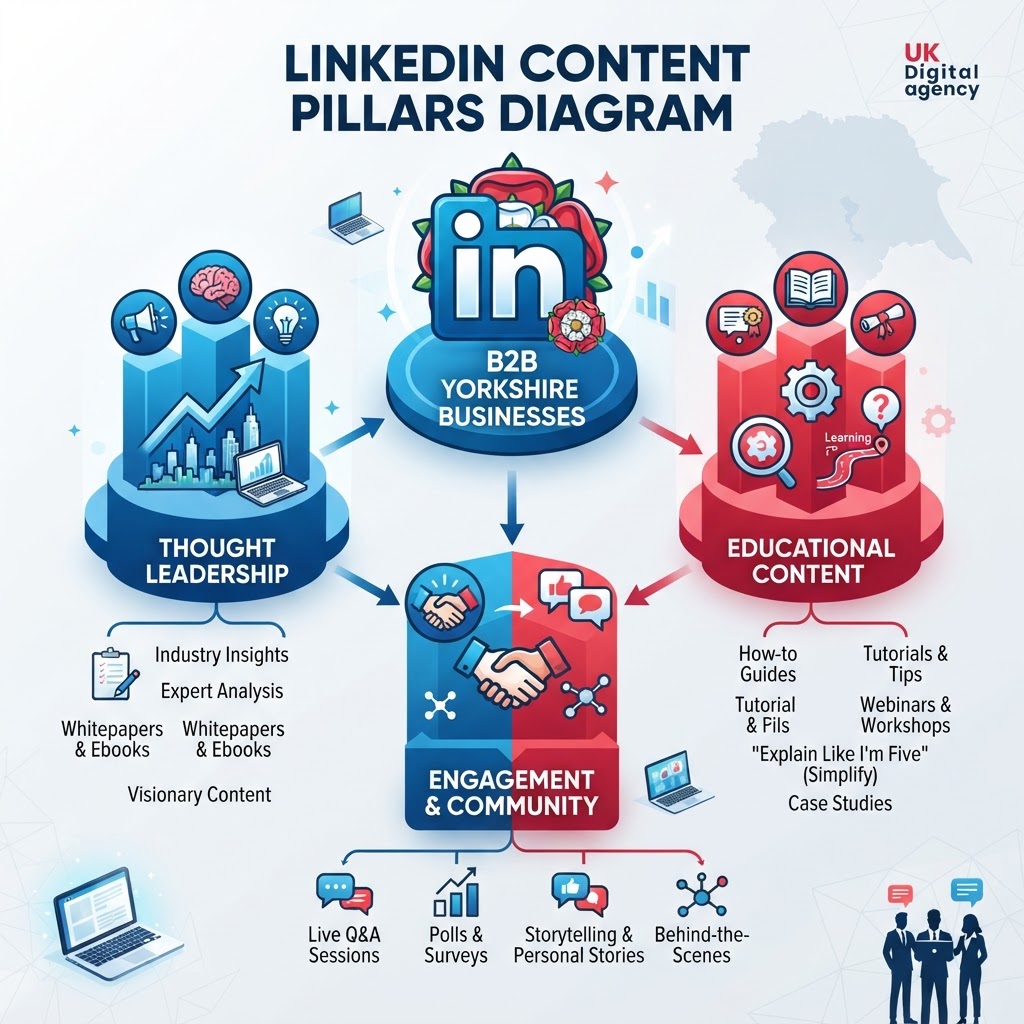 LinkedIn content pillars diagram for B2B Yorkshire businesses showing educational thought leadership and engagement content types