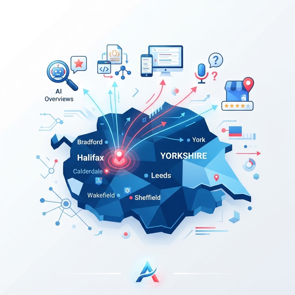 Map of Yorkshire highlighting local SEO strategy for Halifax businesses adapting to Google AI Overviews and generative search