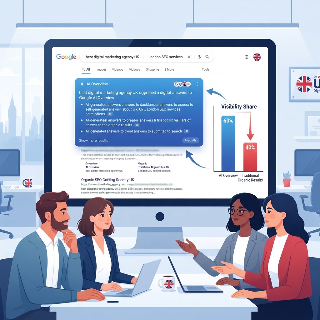 Illustration of Google AI Overviews appearing at the top of a search results page, showing how SGE impacts organic SEO visibility for UK businesses