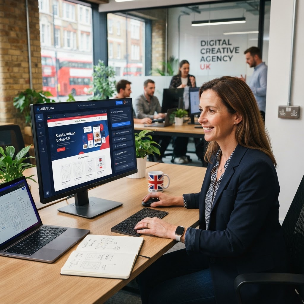 AI-powered web design tools being used by a small business owner in the UK in 2026