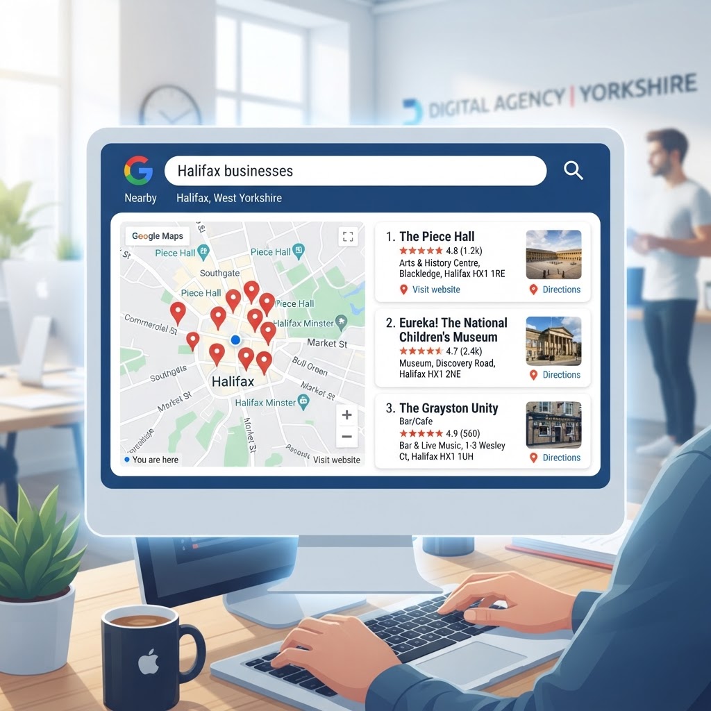 Google Local Pack results showing Yorkshire business listings in a Halifax search