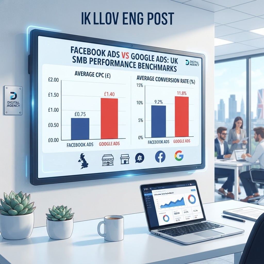 Bar chart comparing average CPC and conversion rates for Facebook Ads versus Google Ads for UK small businesses