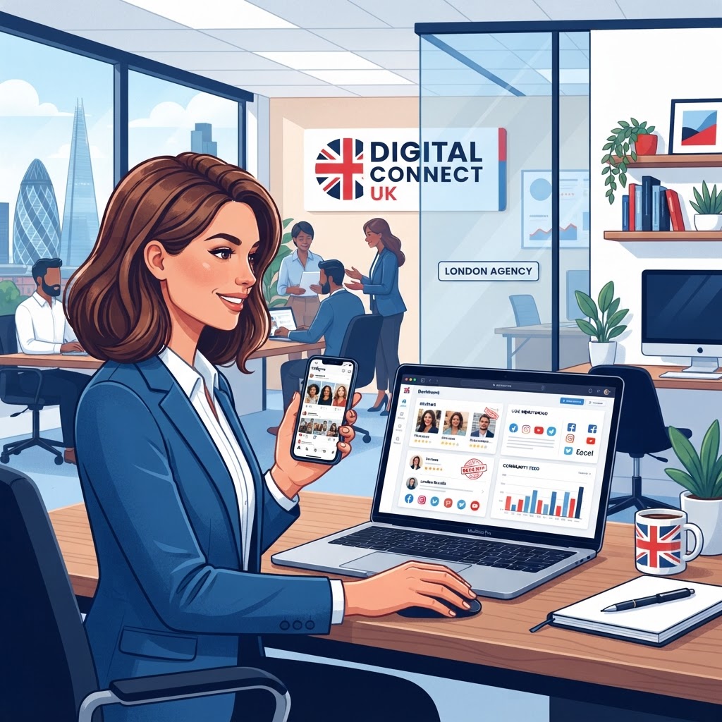 UK business owner reviewing user-generated content on laptop and smartphone