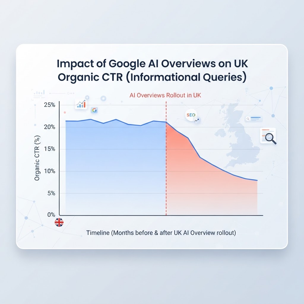 Graph showing the decline in organic click-through rates for informational queries following the rollout of Google AI Overviews in the UK