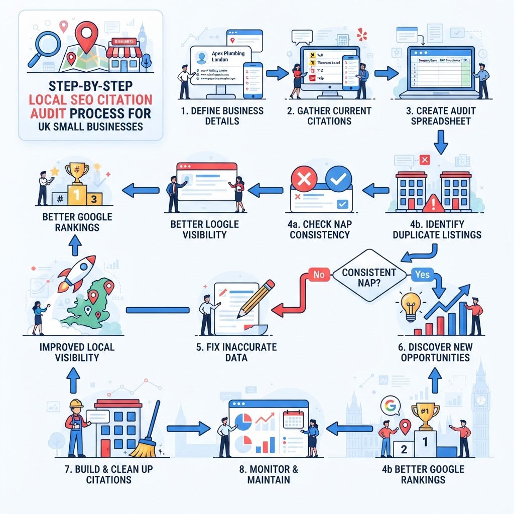 Step-by-step local SEO citation audit process illustrated as a flowchart for UK small businesses
