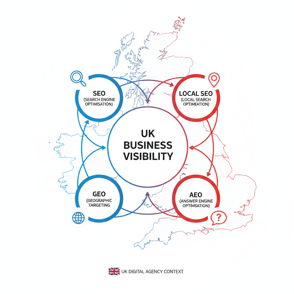 Diagram showing the relationship between SEO, local SEO, GEO, and AEO for UK business visibility