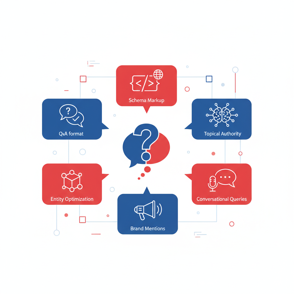 Infographic showing six AEO strategy pillars: Q&A format, schema markup, topical authority, entity optimisation, brand mentions, and conversational queries