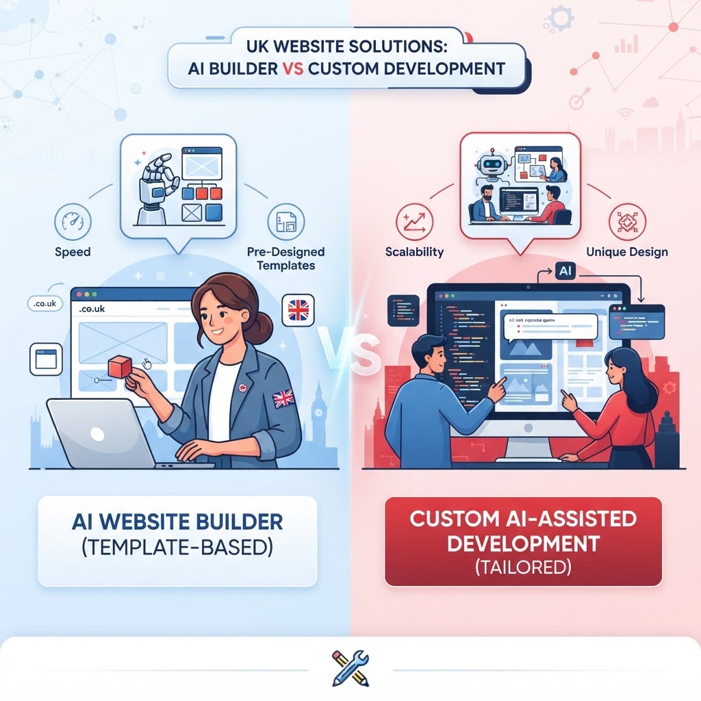 Comparison of AI website builder versus custom AI-assisted web development for UK small businesses