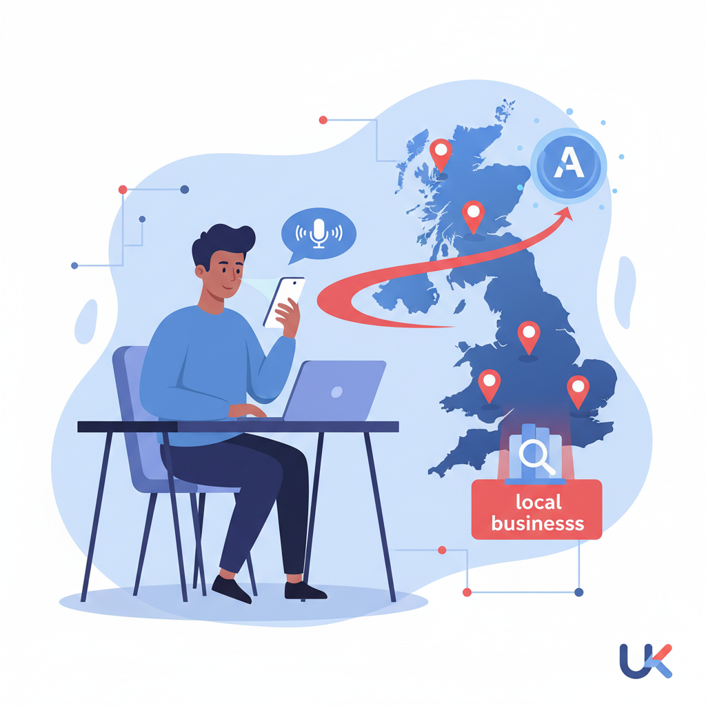 Person using a smartphone to ask an AI assistant to find a local business in the UK