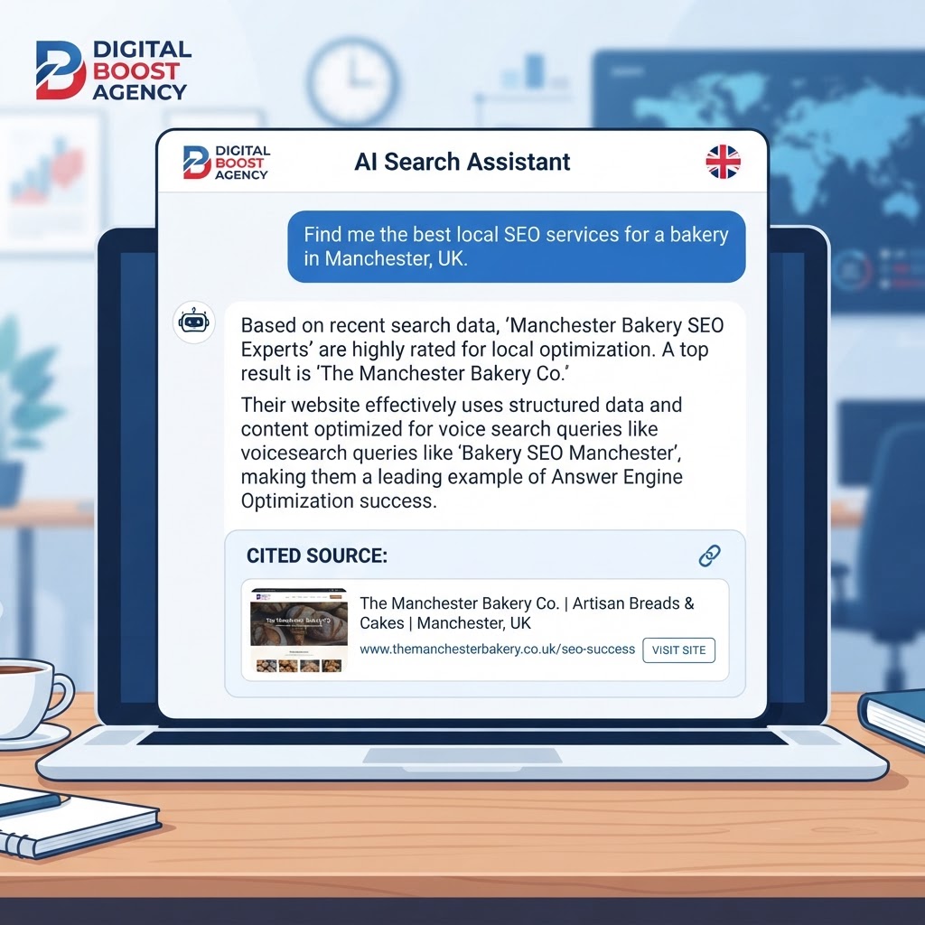 Screenshot illustration of an AI chatbot response citing a UK business website, demonstrating AEO success