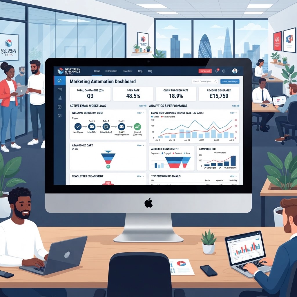 Marketing automation dashboard showing email workflows and analytics for a UK SME
