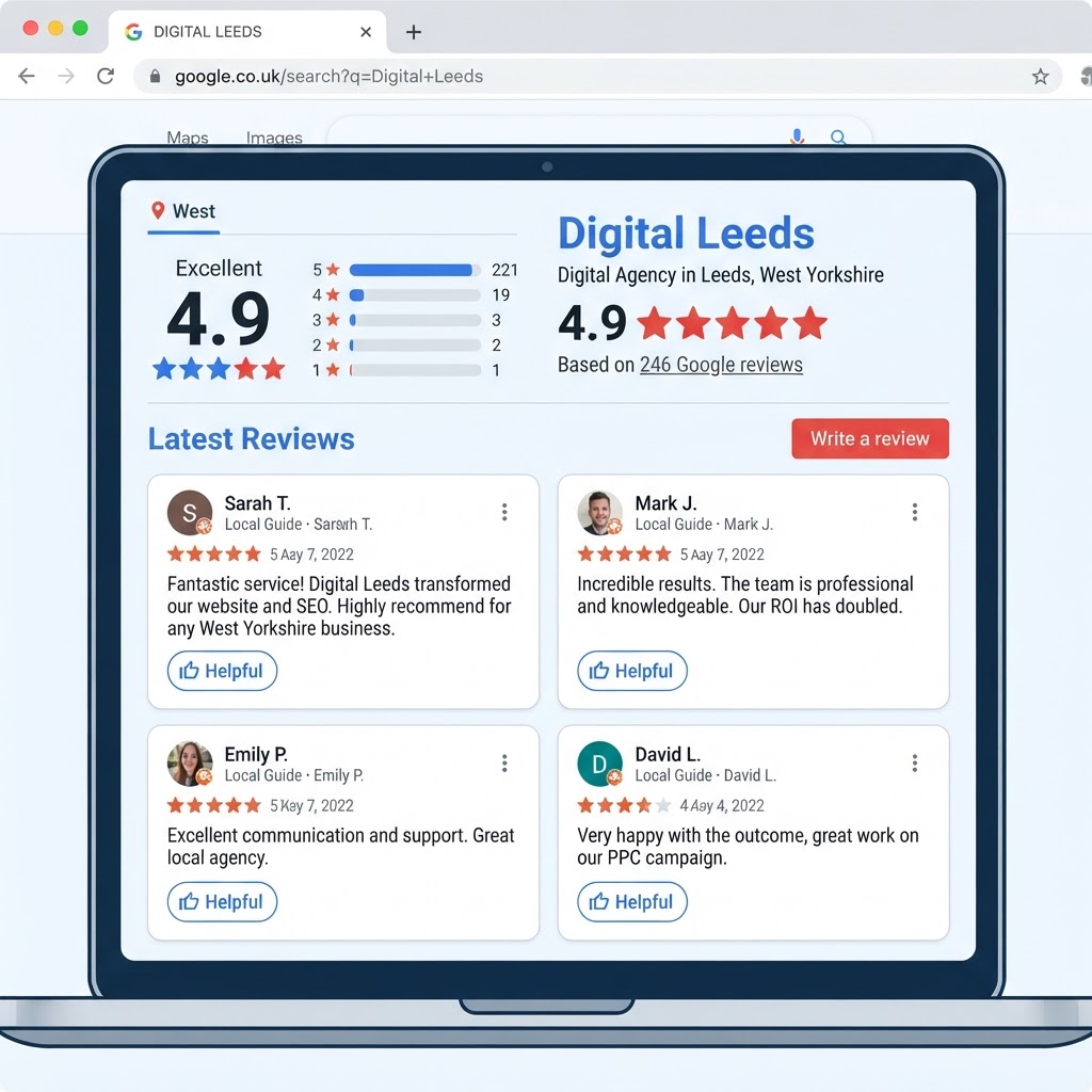 Screenshot of Google Business Profile reviews for a West Yorkshire business with high star ratings