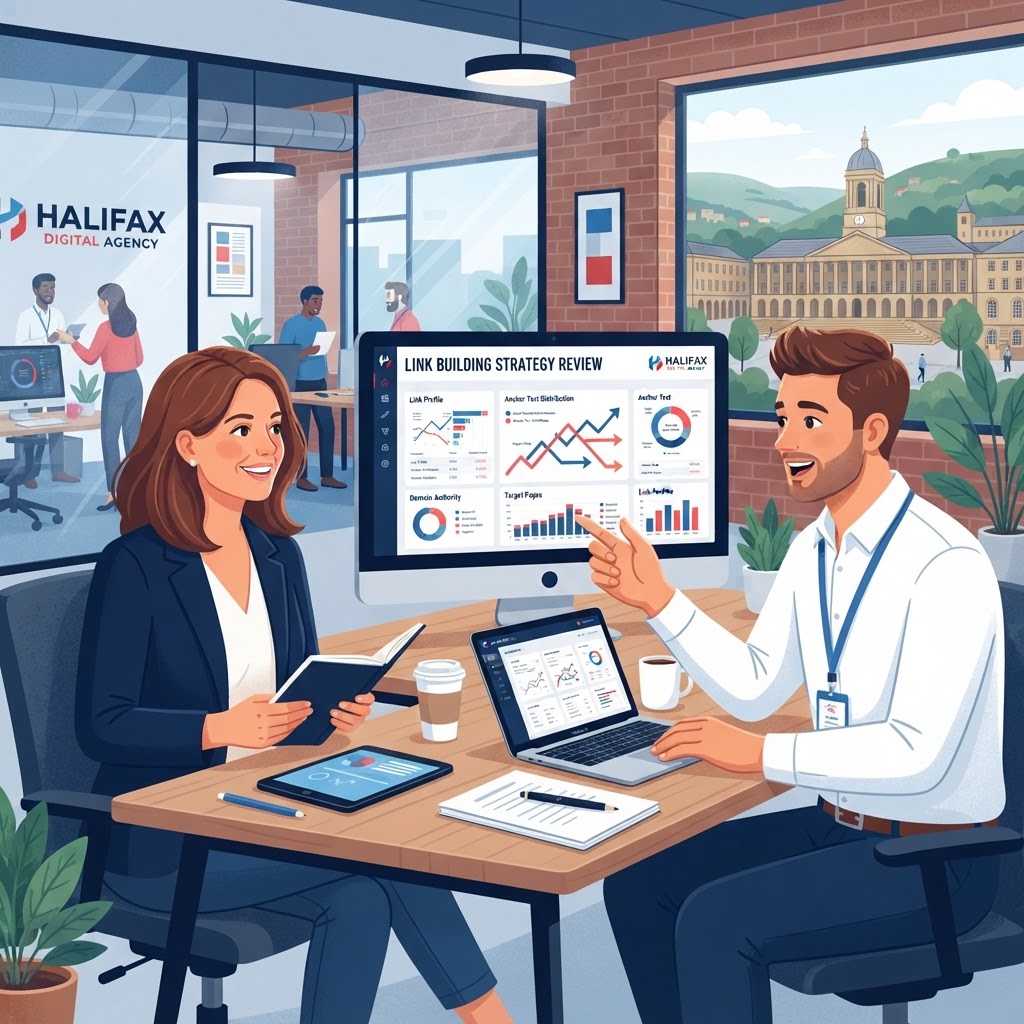 Yorkshire business owner reviewing link building strategy with digital marketing agency in Halifax