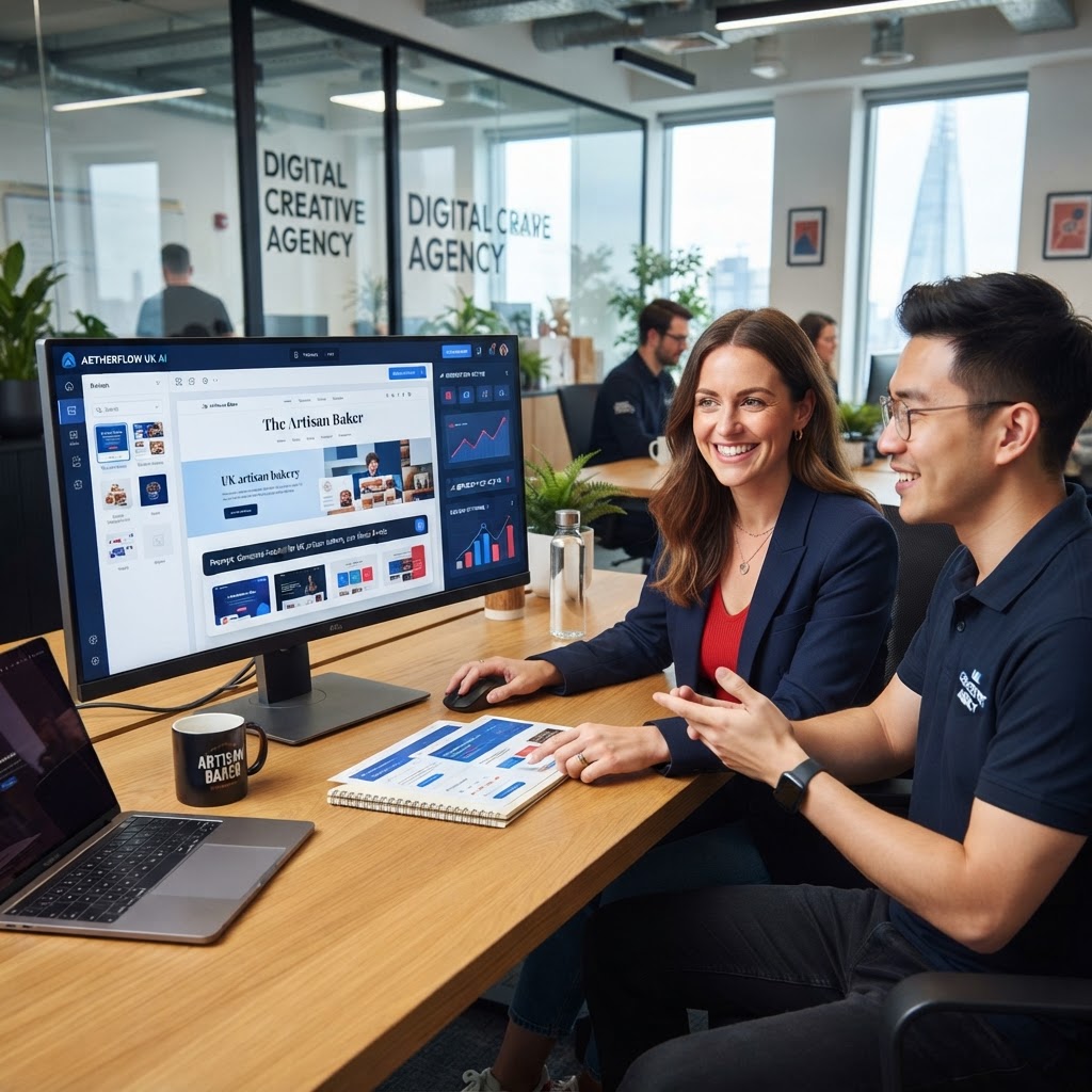 AI-powered web design tools being used by a small business owner in the UK in 2026