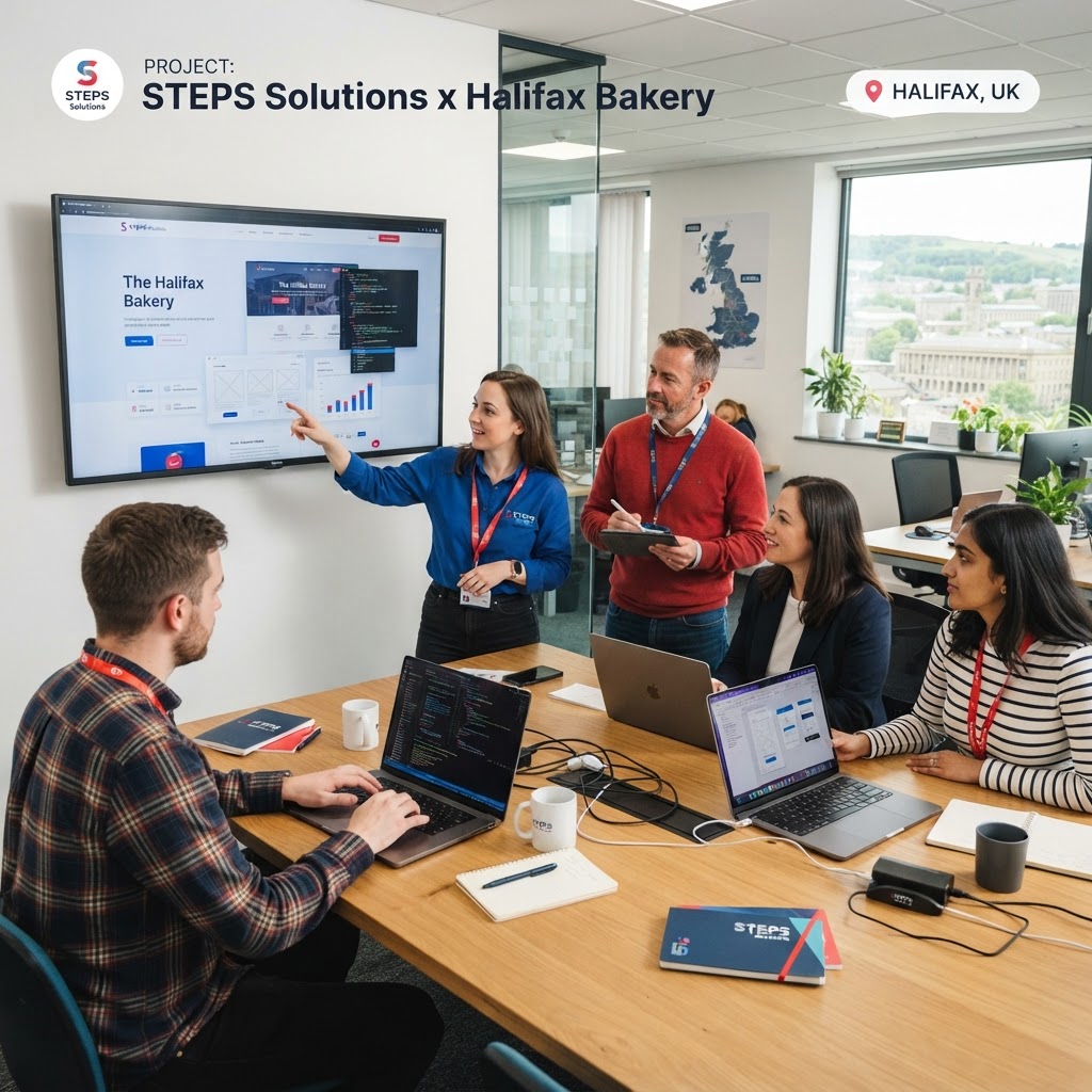 STEPS Solutions team working on bespoke website development for a Halifax business client