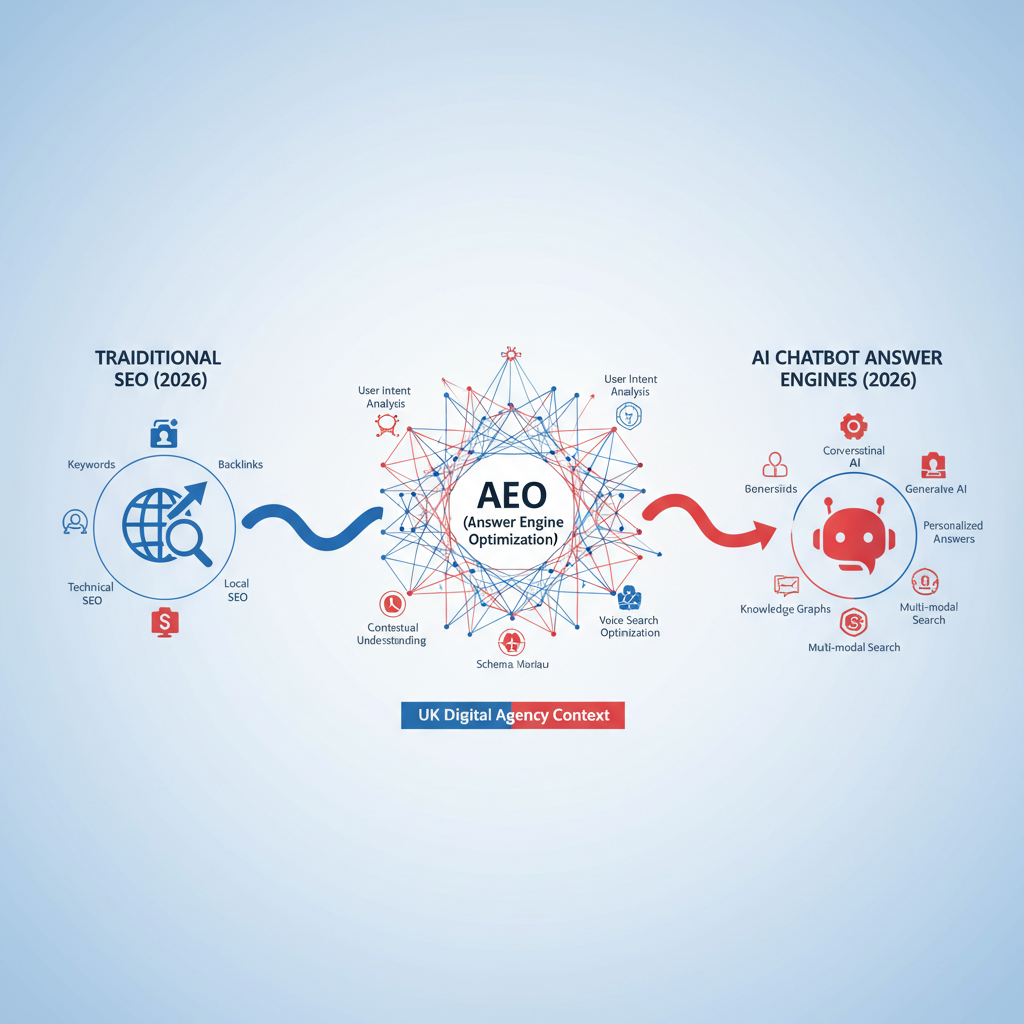 Diagram showing how AEO connects traditional SEO to AI chatbot answer engines in 2026