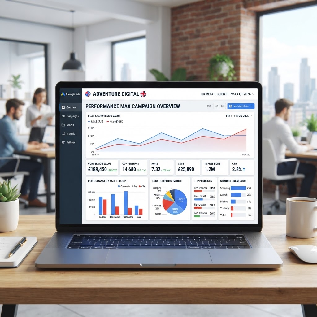 Google Ads Performance Max dashboard showing campaign performance metrics for a UK advertiser in 2026