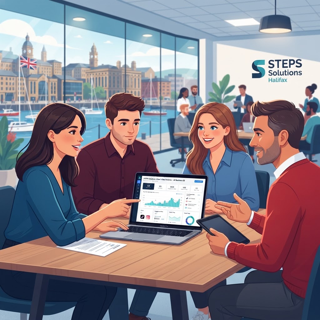 STEPS Solutions Halifax team reviewing short-form video analytics on a laptop for a UK business client