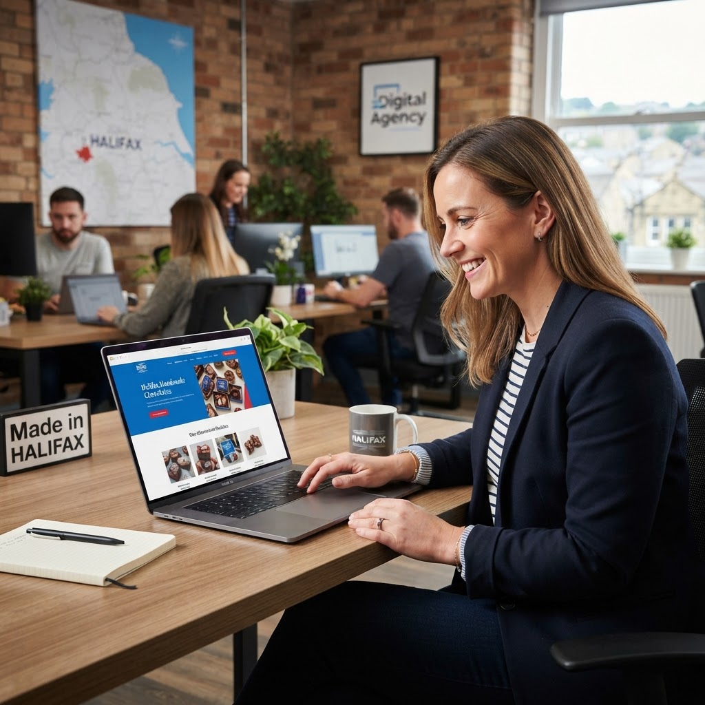 A Halifax business owner reviewing their bespoke website on a laptop in a West Yorkshire office