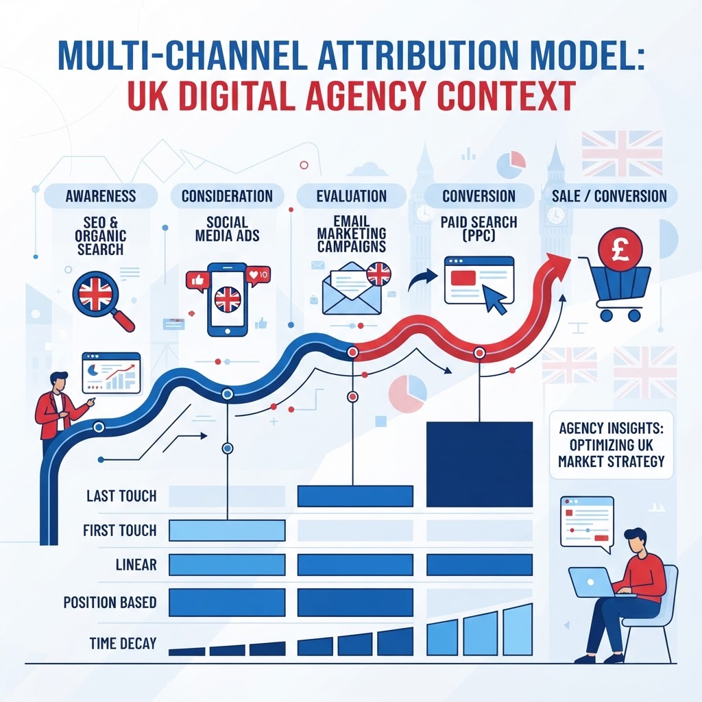 Diagram showing multi-channel attribution model with touchpoints including SEO, social media, email and paid search for UK businesses