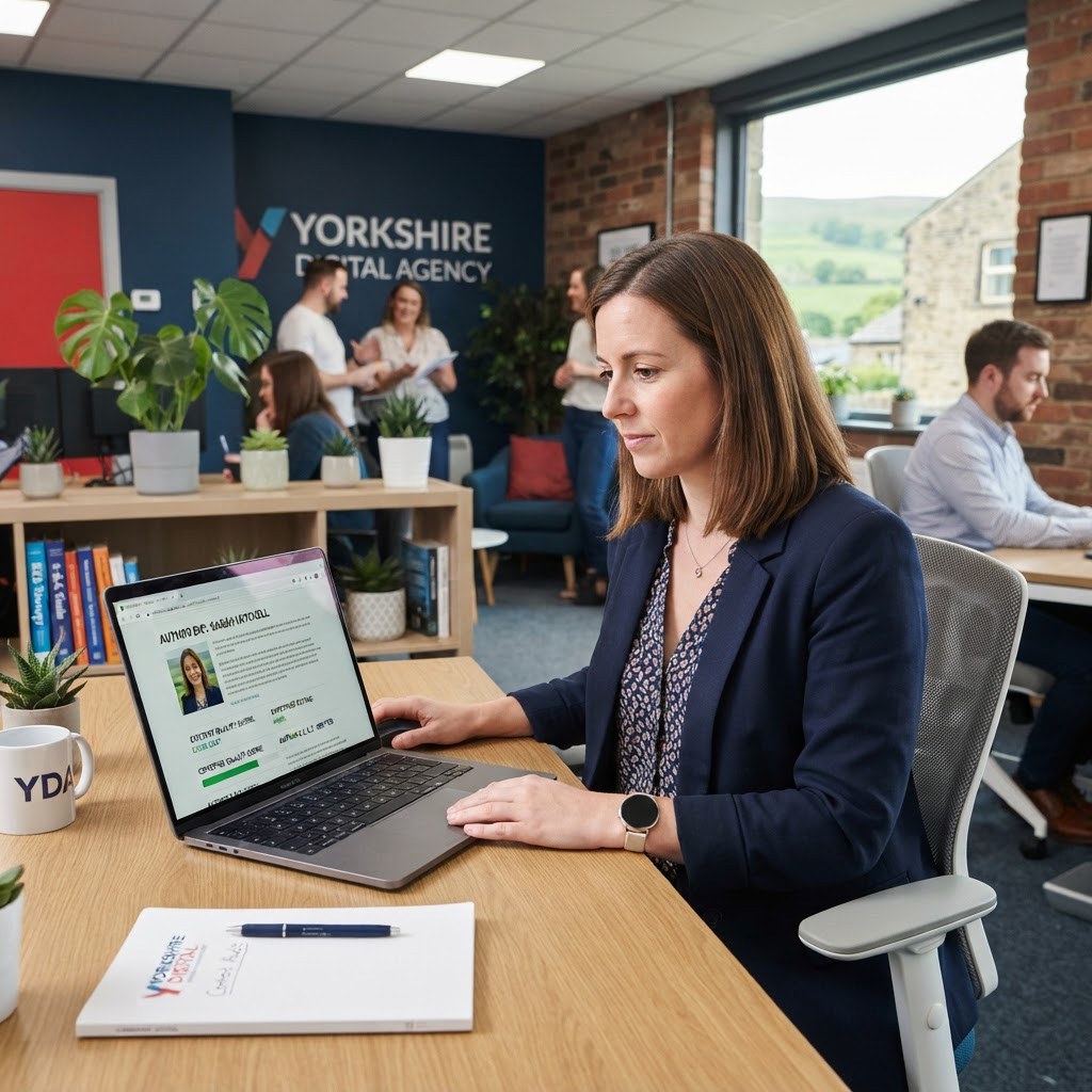 UK business owner reviewing website content quality and author credentials on a laptop in a Yorkshire office setting