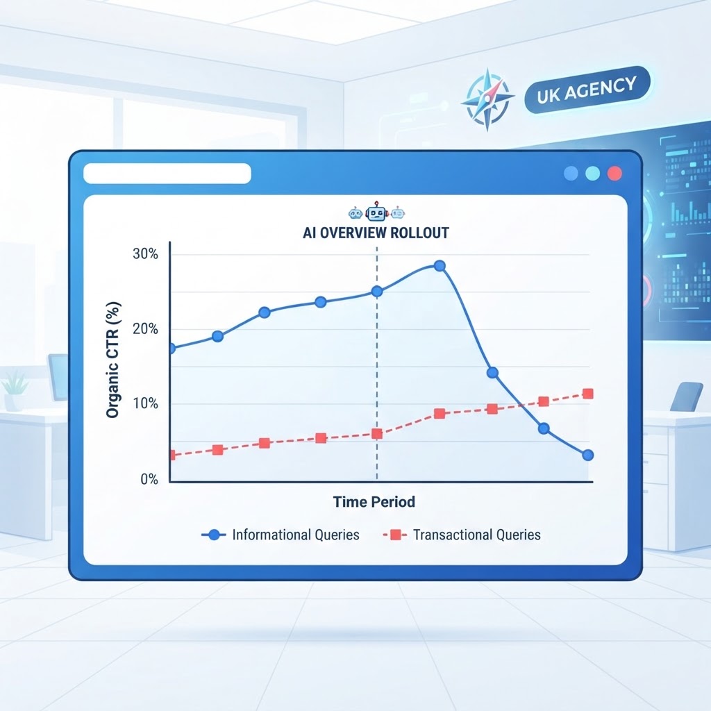 Graph showing changes in organic click-through rates for informational versus transactional search queries after AI Overview rollout