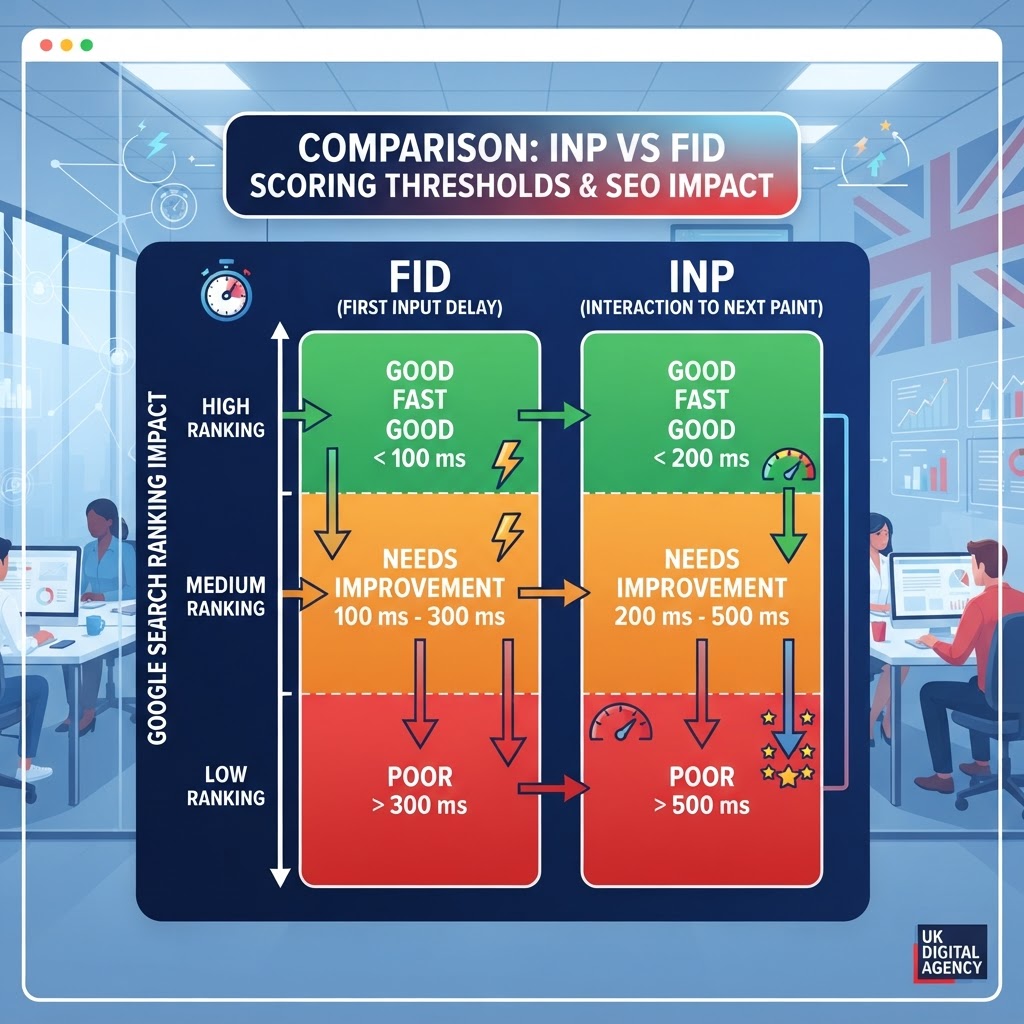 Comparison chart showing INP versus FID scoring thresholds and how they affect Google search rankings for UK websites