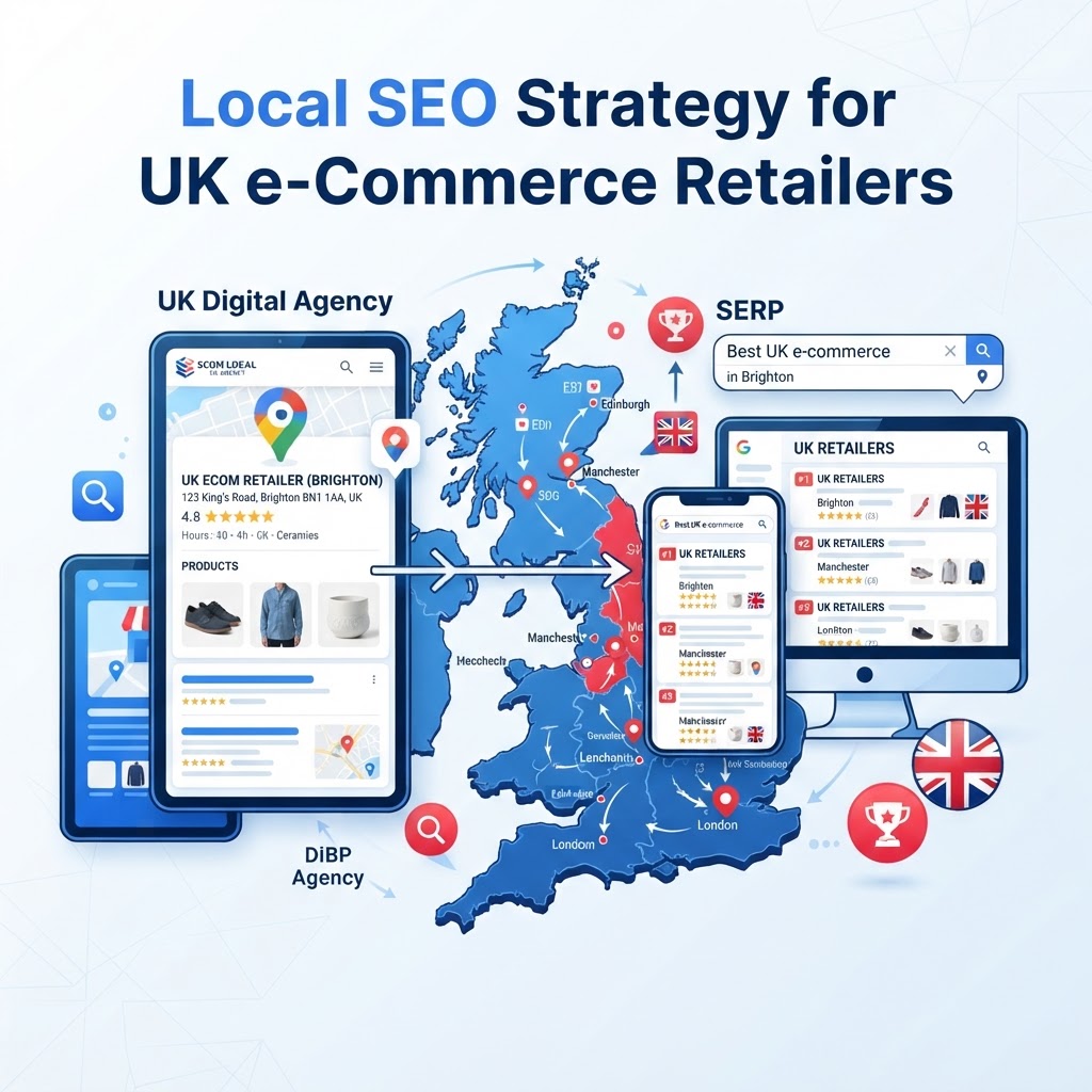 Local SEO strategy for UK e-commerce retailers showing Google Business Profile and search rankings