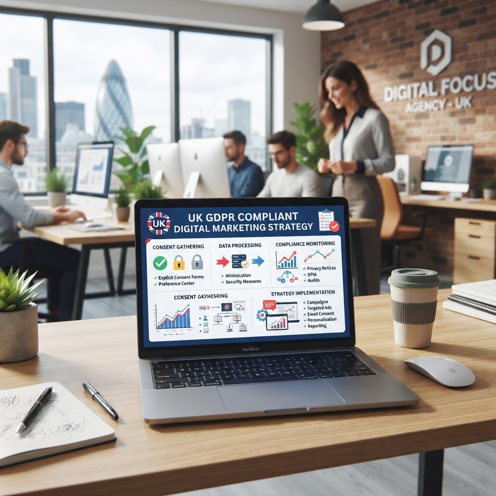UK GDPR compliant digital marketing strategy on a laptop screen in a modern office