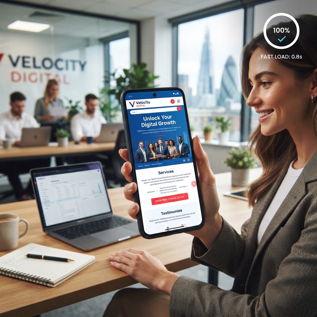 Mobile website displaying fast load time and clean UX design optimised for conversion on a smartphone screen