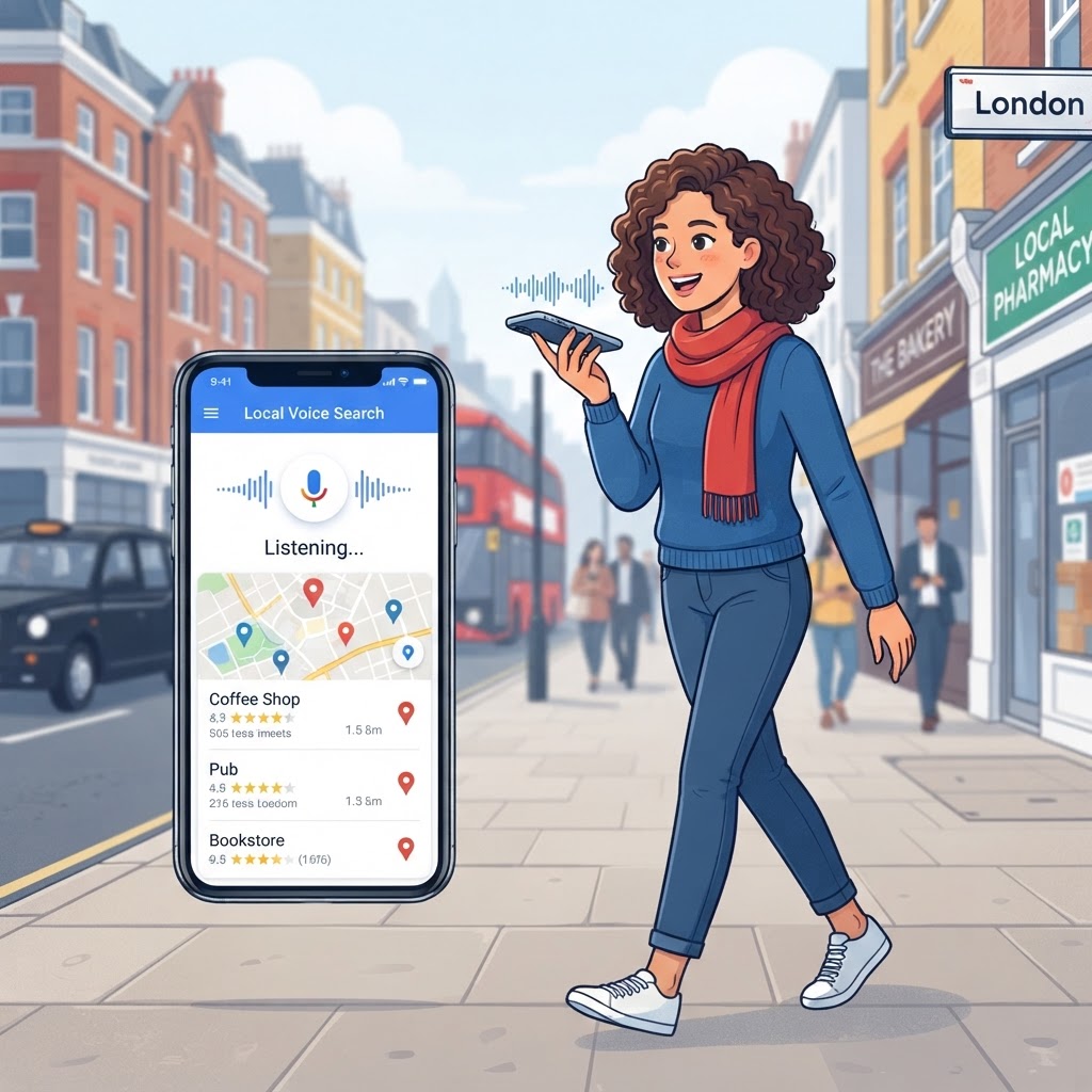 Person using voice search on smartphone to find local businesses near them