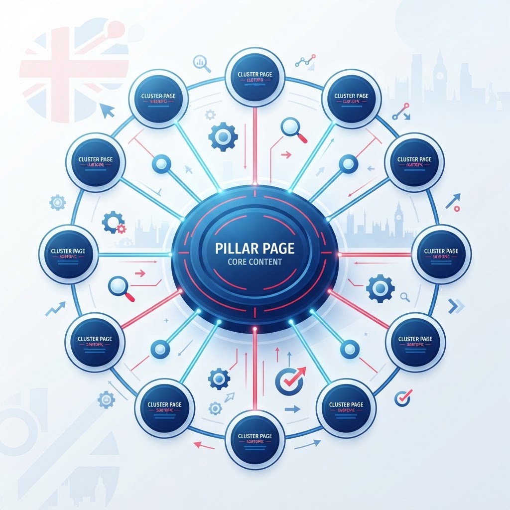 Diagram showing a pillar page connected to multiple cluster content pages in a hub-and-spoke SEO structure